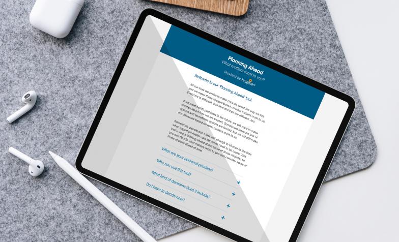 A mockup of the new Planning Ahead tool, being piloted through Hospice UK