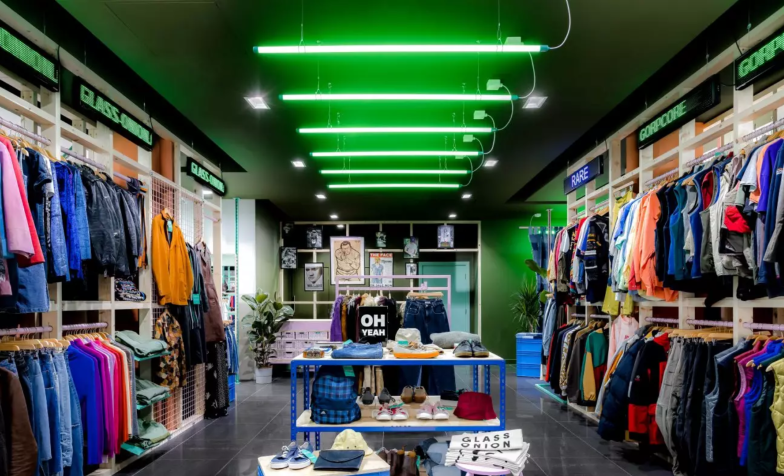 A clothing store filled with rails of clothing items