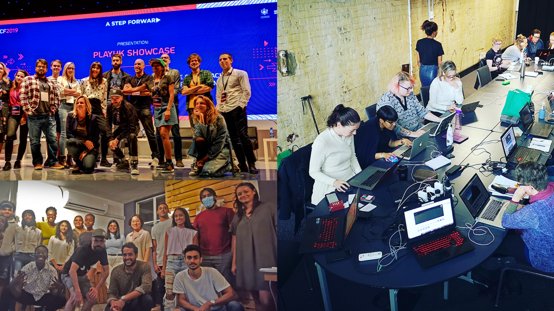 Three images, each image is of a different group of people, participating in an event 