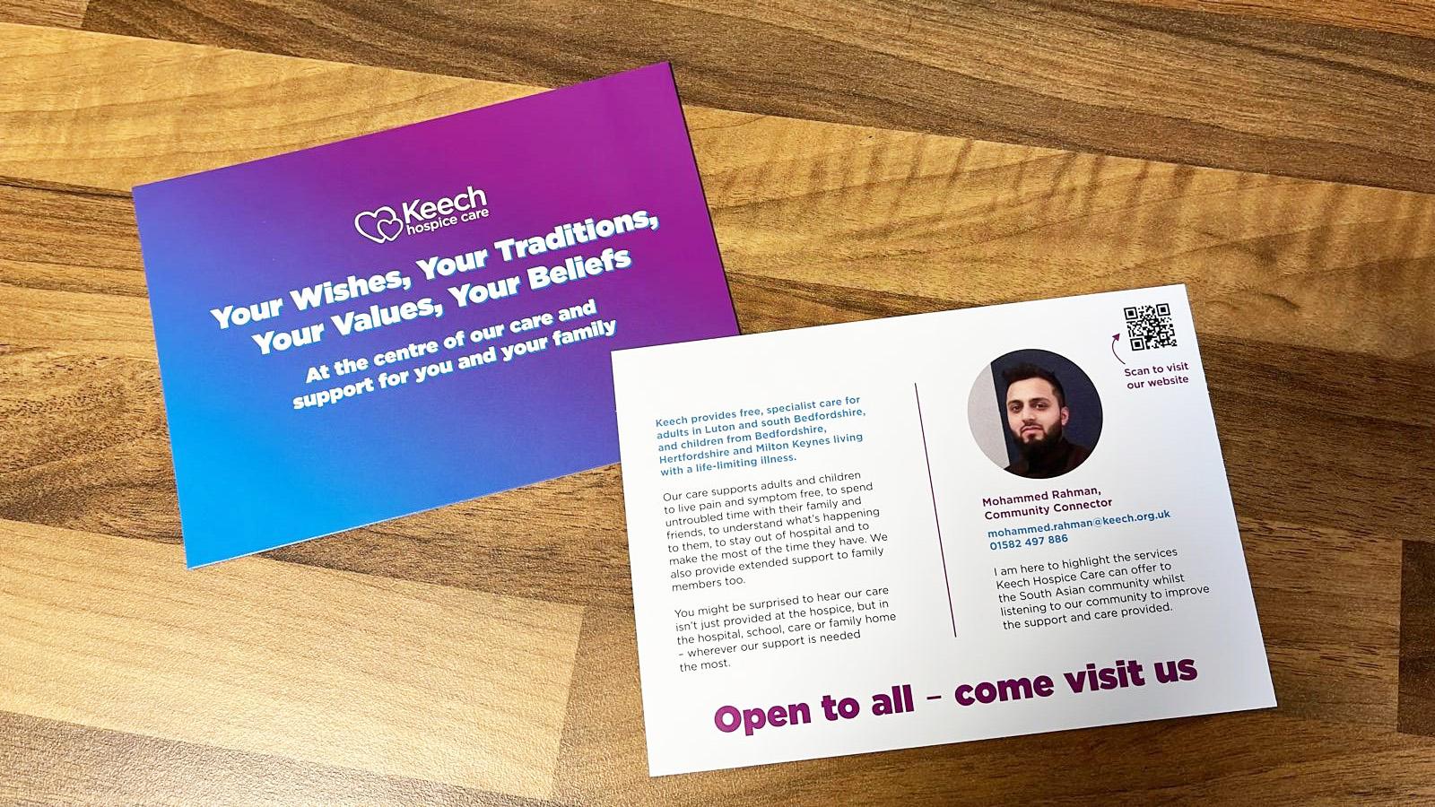 The postcard that Mohammed has been sharing with the south Asian communities near Keech Hospice