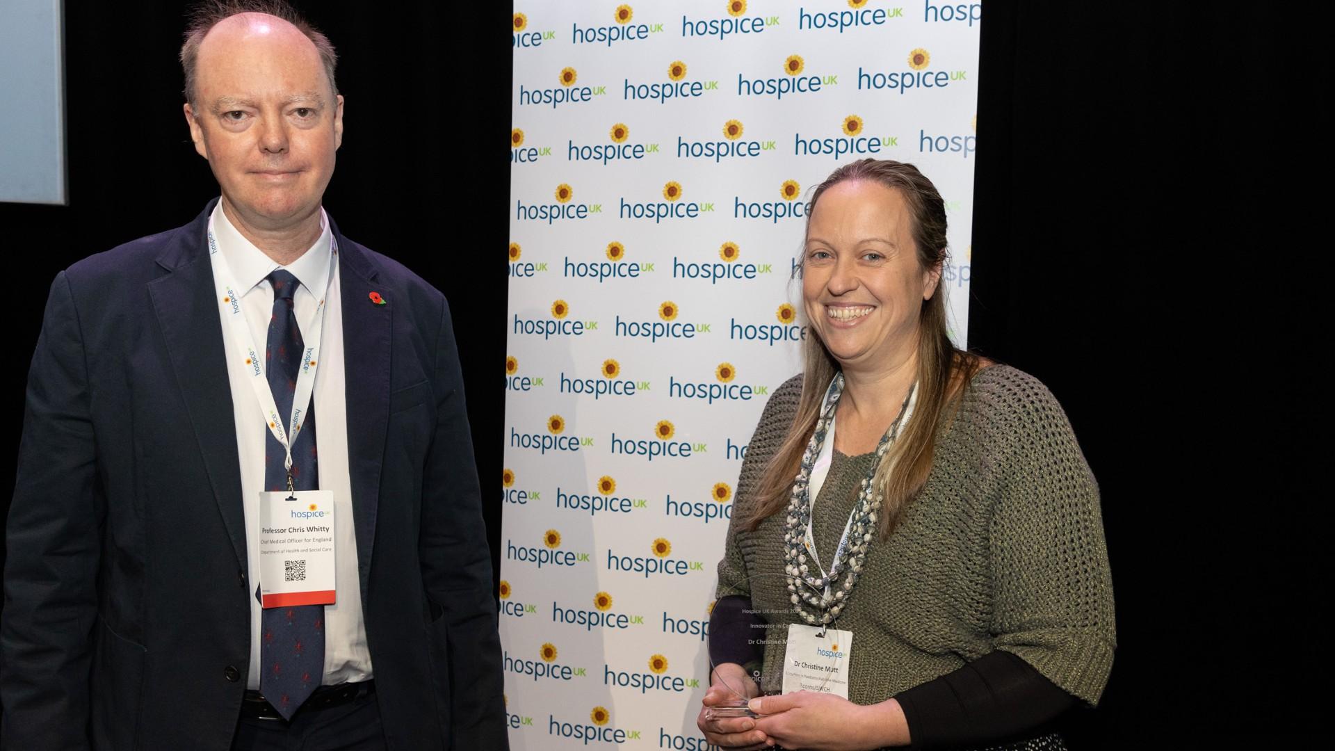 The winner of the 2023 Innovator in Care Award was Dr Christine Mott, Acorns Hospices