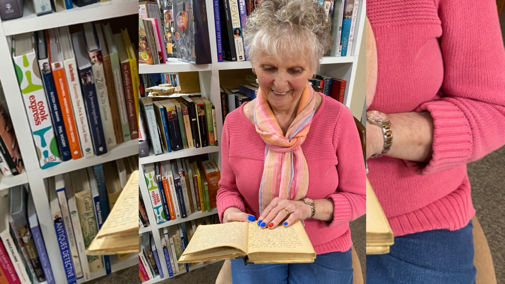 A woman sat on a chair holding open a weathered journal