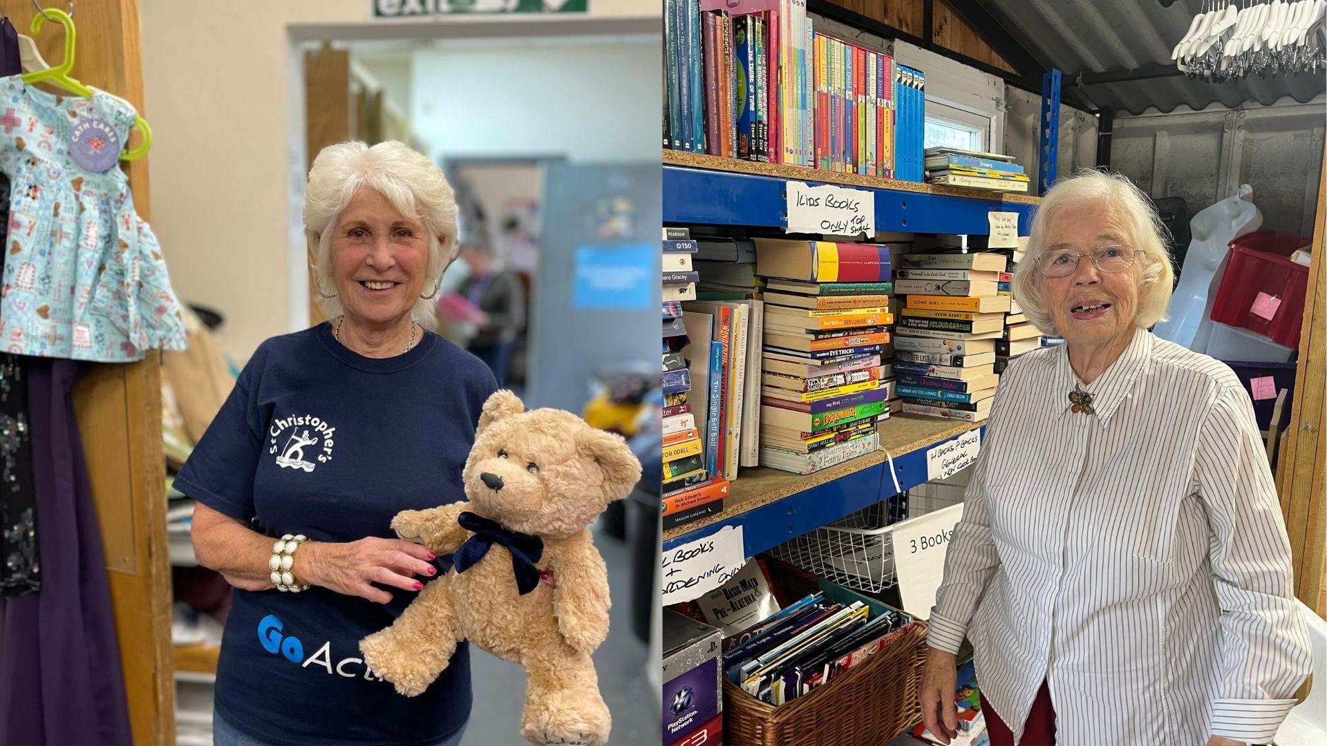 Two photos side by side of elderly ladies working in charity shops
