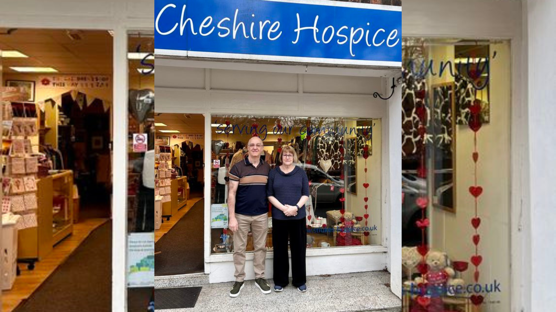 An elderly man and woman standing infront of a charity shop