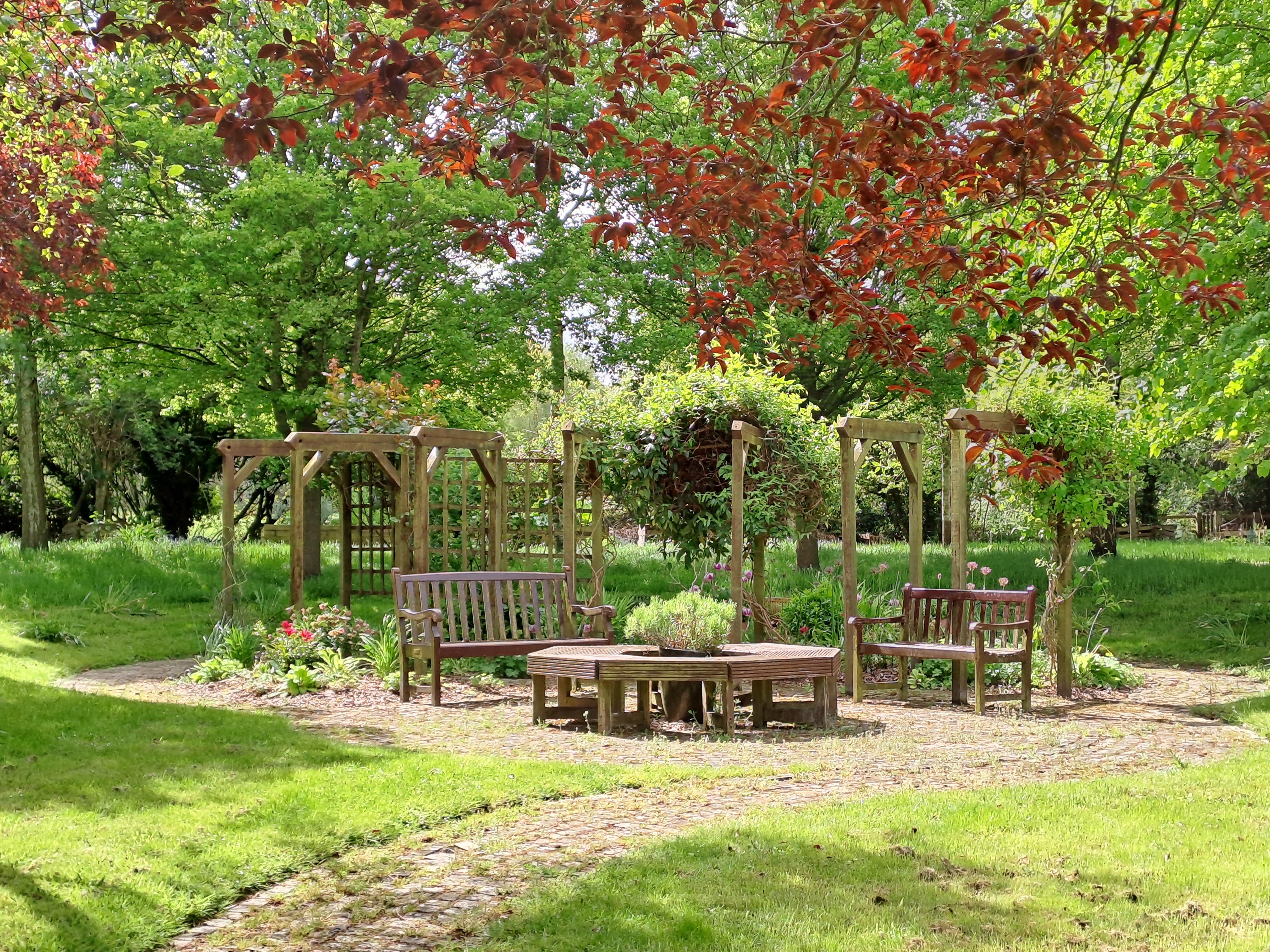A group of garden benches surrounded by trees