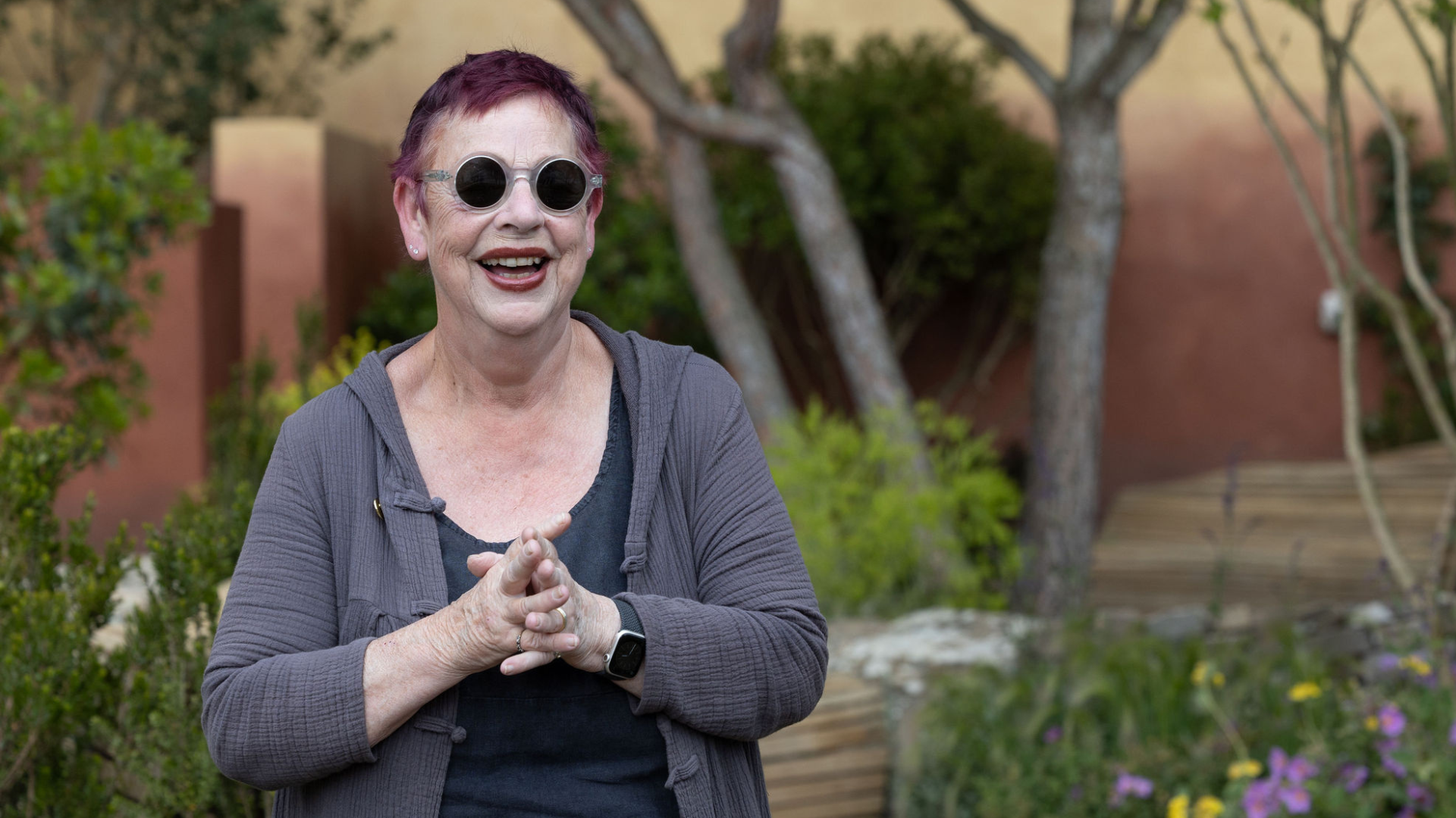 Jo Brand visiting the Hospice UK Garden of Compassion at RHS Chelsea Flower Show