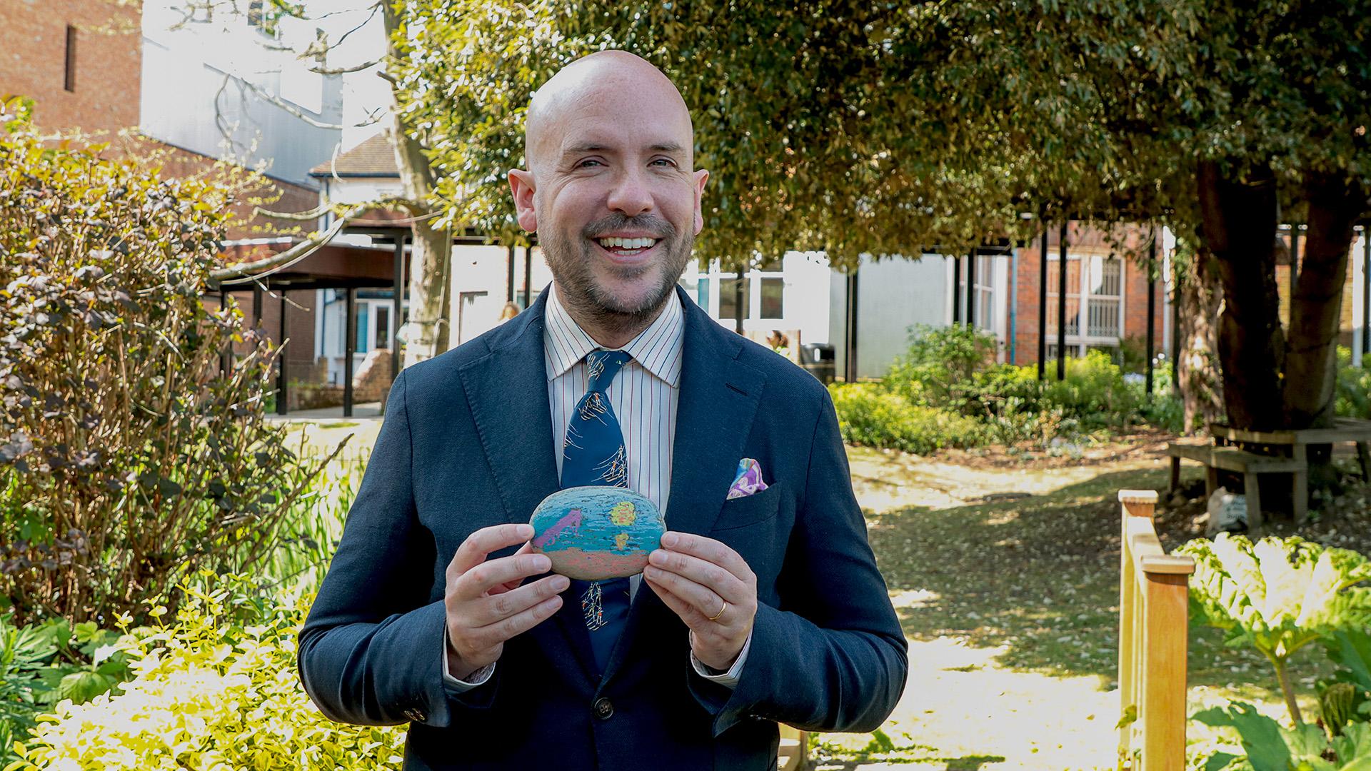 St Christopher's ambassador, Tom Allen, with his Together Pebble