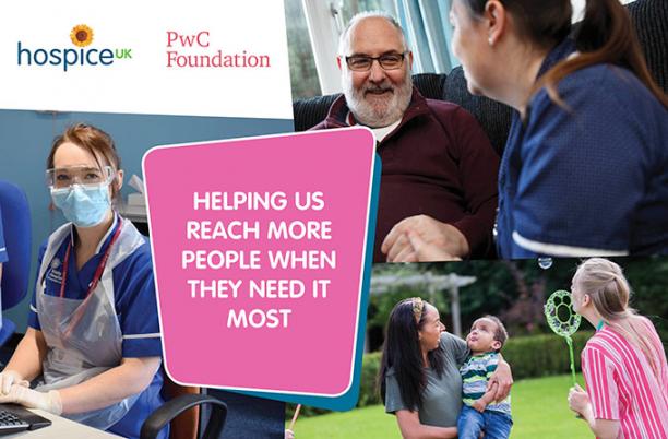 Collage of photos of the PwC Foundation working together with Hospice UK