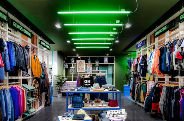 A clothing store filled with rails of clothing items