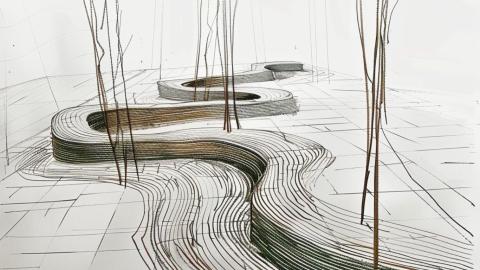 A sinuous focal point is provided by five steam-bent oak benches, which meander like a stream along through the length of the garden.