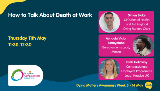Graphic with information about the 'How to talk about Death at Work webinar'
