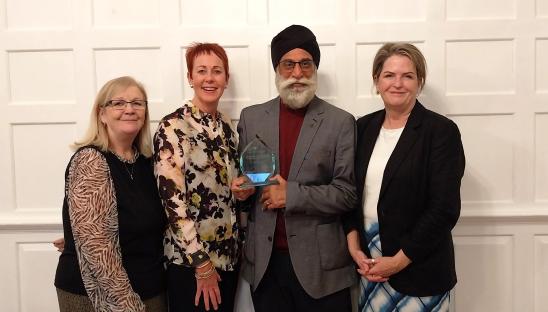 Harbhajan Surj, Compton Care, is the 2024 Winner of the Anne, Duchess of Norfolk Volunteer of the Year Award, at Hospice UK National Conference. Pictured left to right from Compton Care are Karen Evans, Ros Keeton, Harbhajan Surj and Rachel Overfield