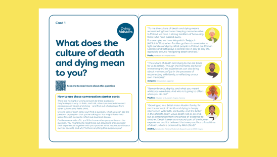 These 'The Culture of Dying Matters' conversation starter cards can be printed on a home or work printer, and used for a fun in-person engagement activity