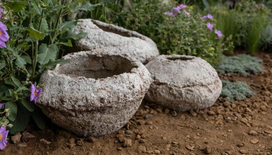 Striking hand-crafted garden features have been commissioned from UK artisans using textural, reclaimed and sustainable materials, sourced from within a 50-mile radius of St Cuthbert’s Hospice in Durham